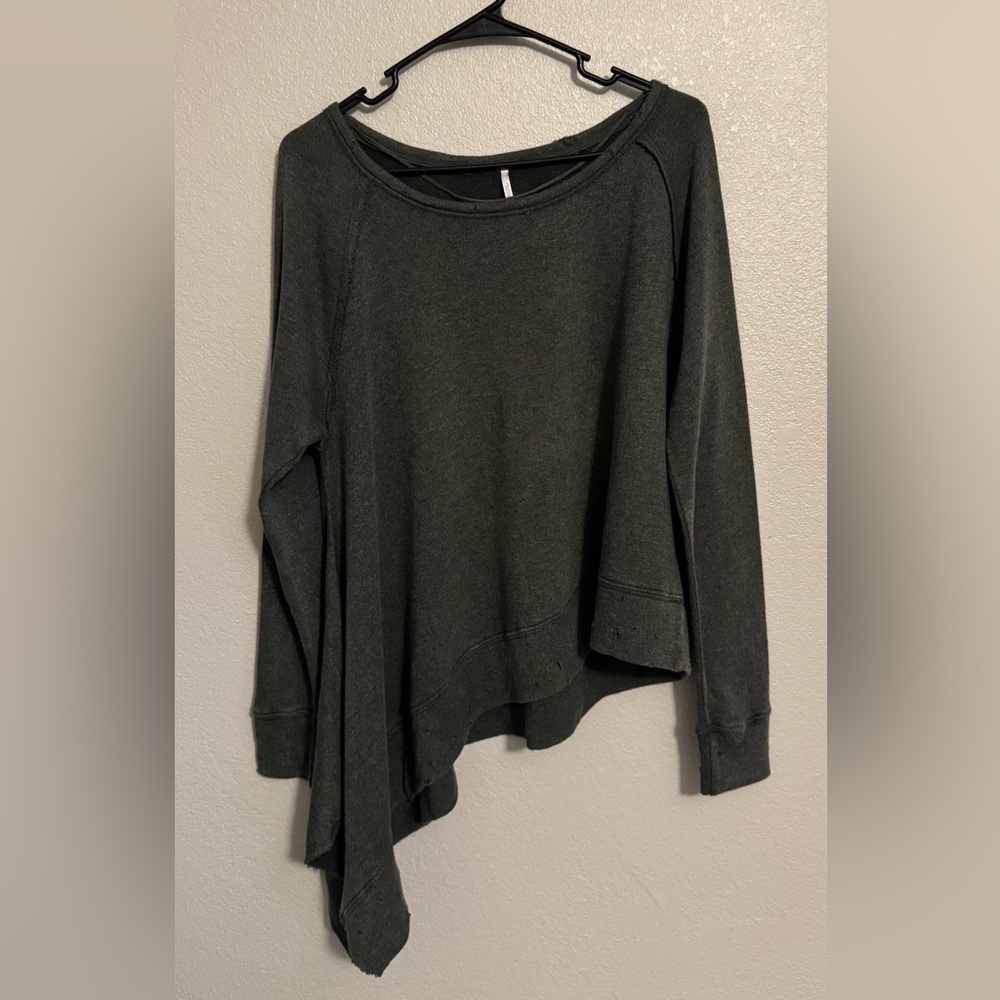 NWT Free People distressed dark green asymmetrical long sleeve top